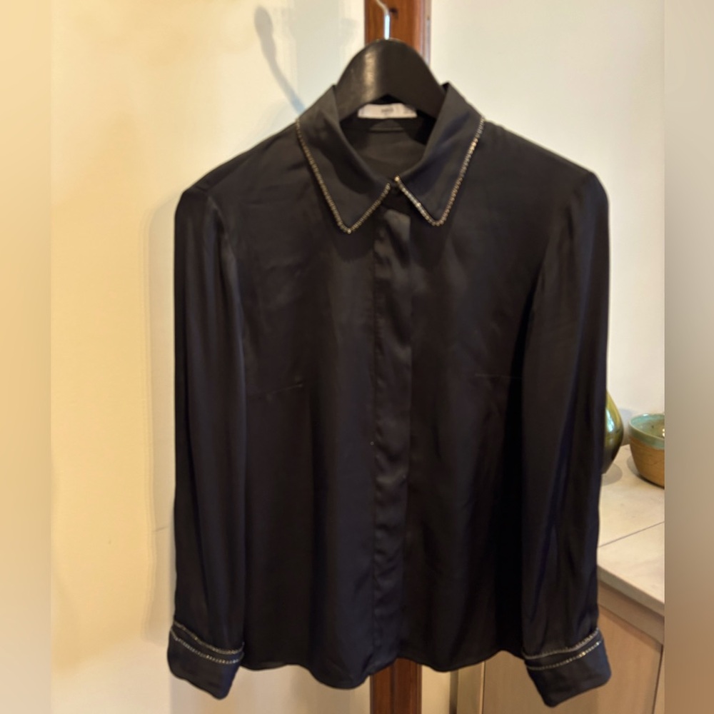 Mango Black Satin Button Shirt with Collar and cuffs embellishments. Size US 4.